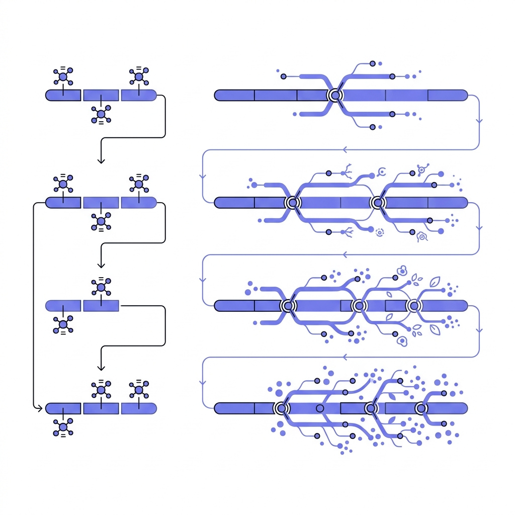 Minimalist 2D vector side by side comparison of a short metabolic timeline and a longer regenerative timeline on white background with purple accents representing peptides