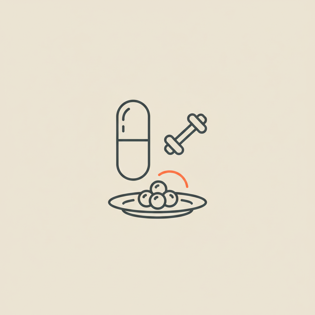 Minimal Tonum-style line illustration of a capsule, small dumbbell and plate with berries on beige background, referencing causes of slow metabolism.
