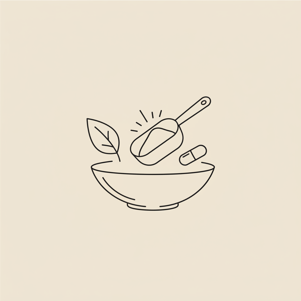 Minimal vector line illustration of a protein powder scoop, small capsule, stylized leaf and bowl on beige background — what is the best whey protein for fat loss