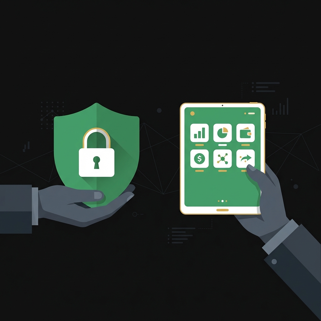 Minimalist flat illustration of two hands holding a shield with padlock and a tablet screen representing custody and platform for alto crypto ira on dark Finance Police background