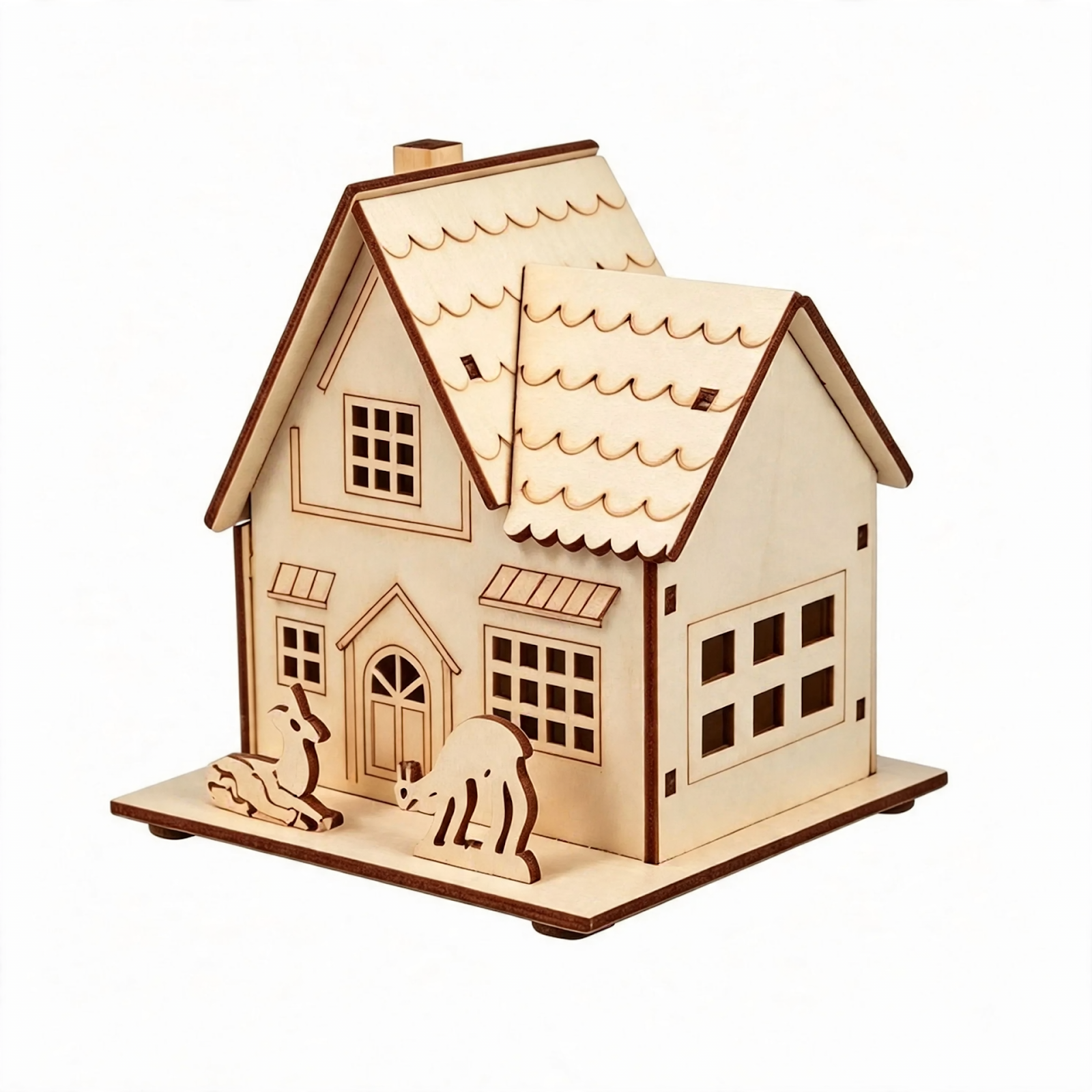 Illuminated wooden Christmas house, table decoration