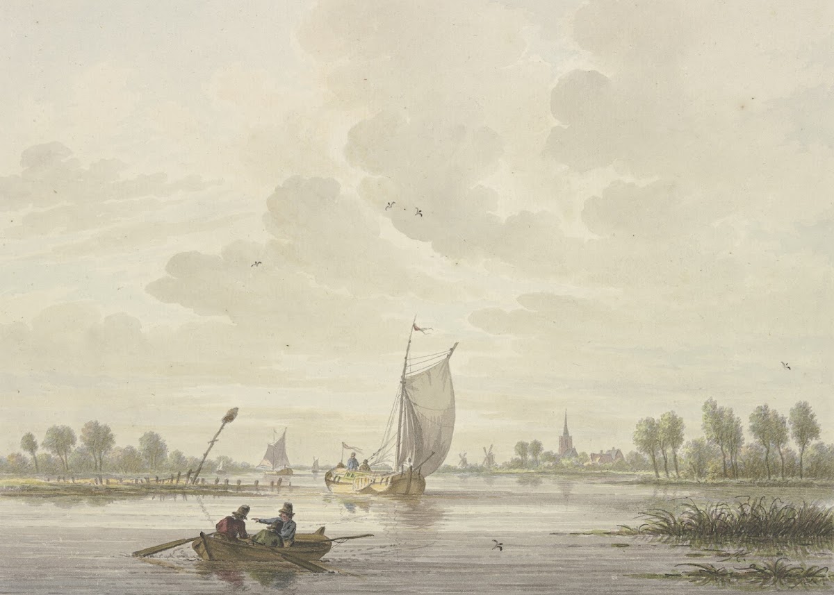 Auf einem Fluss segeln einige Barken vorne ein Ruderboot