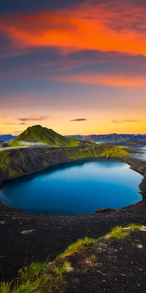 Iceland Landscape, Crater Lake, Volcanic, Sunset Sky 4K iPhone Wallpaper Background
