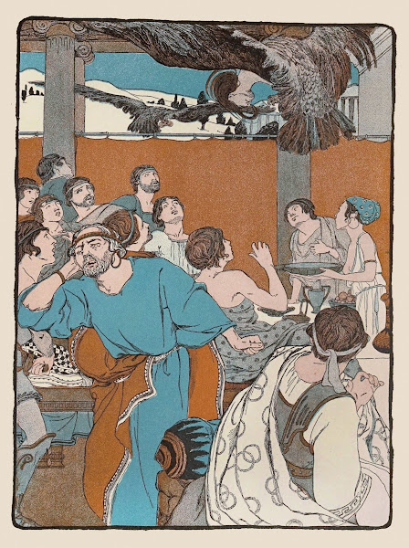 The snatched the meat from off the table and flew shrieking out above the roofs