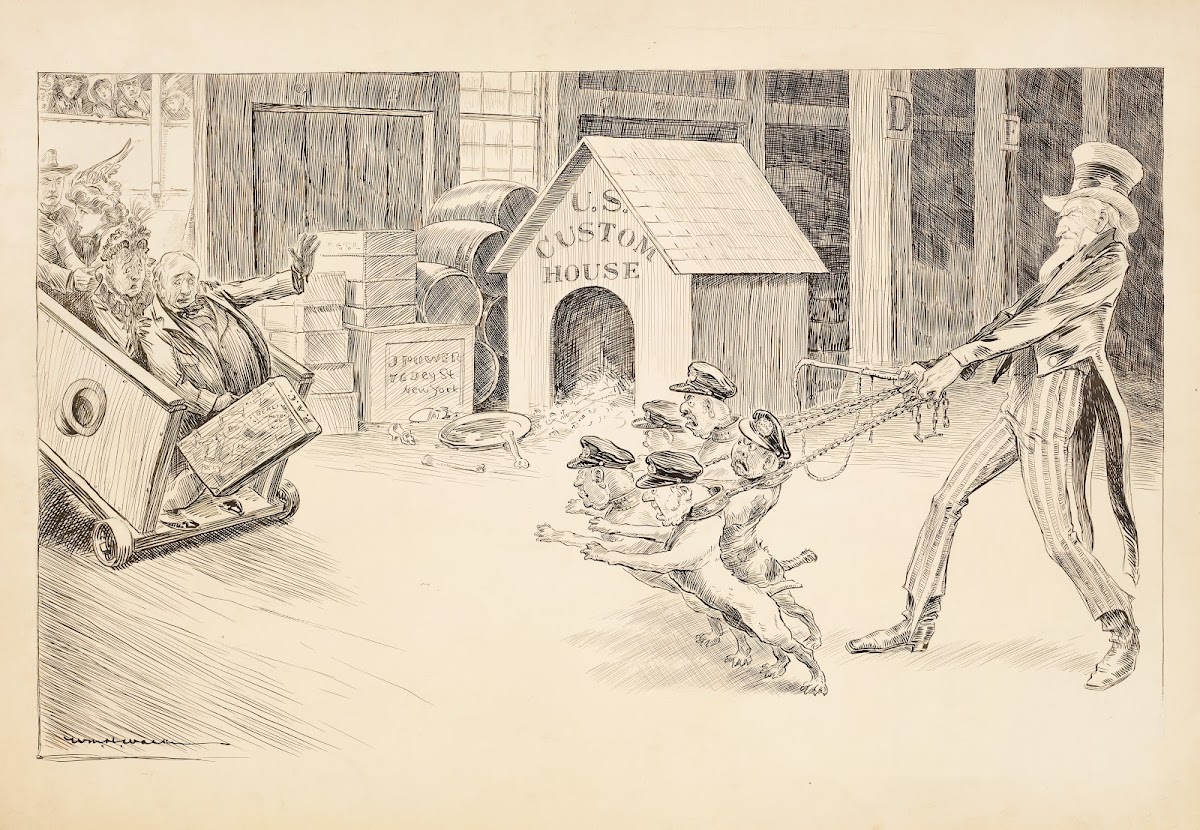 Uncle Sam with US Custom Officials depicted as attack dogs confronting passenger