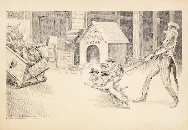 Uncle Sam with US Custom Officials depicted as attack dogs confronting passenger