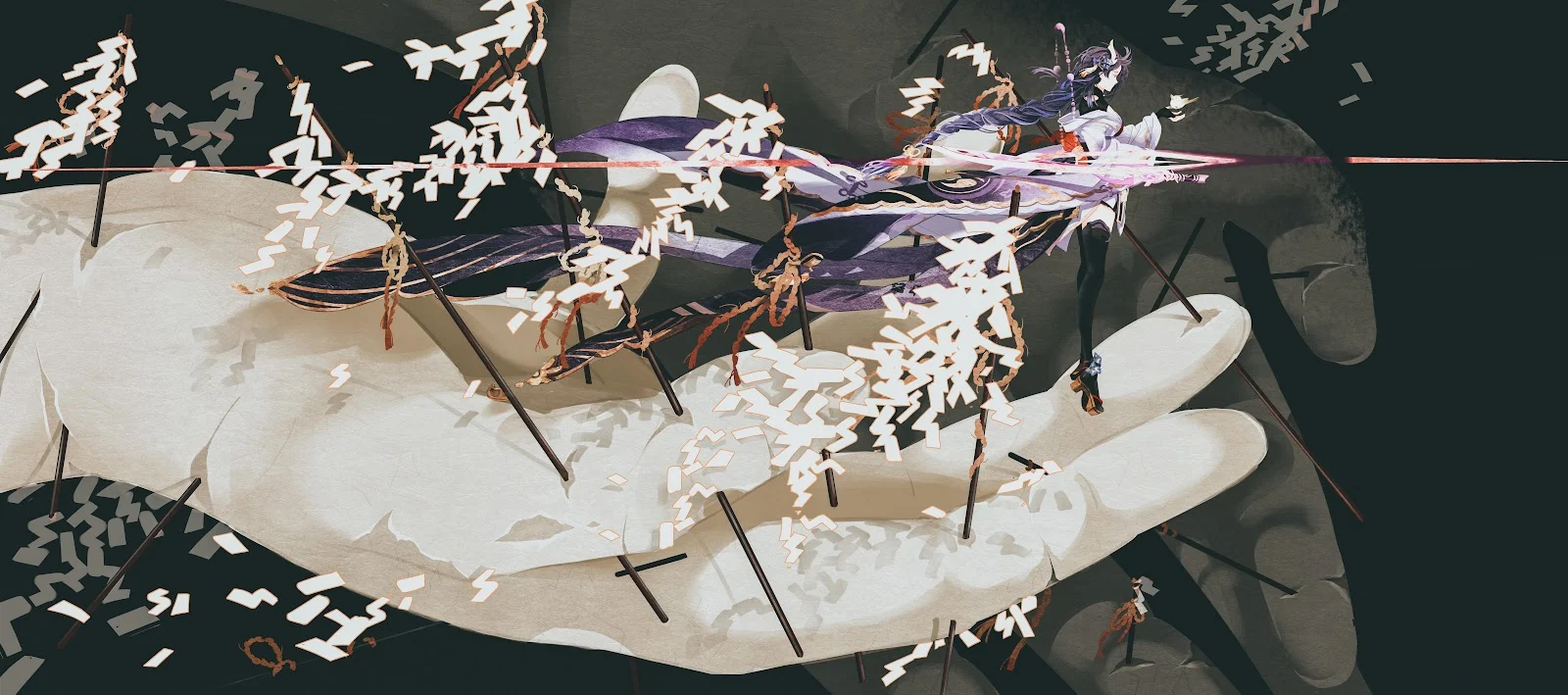 Raiden Shogun Standing On Hand - Digital Illustration 5K Wallpaper (6936x3072)