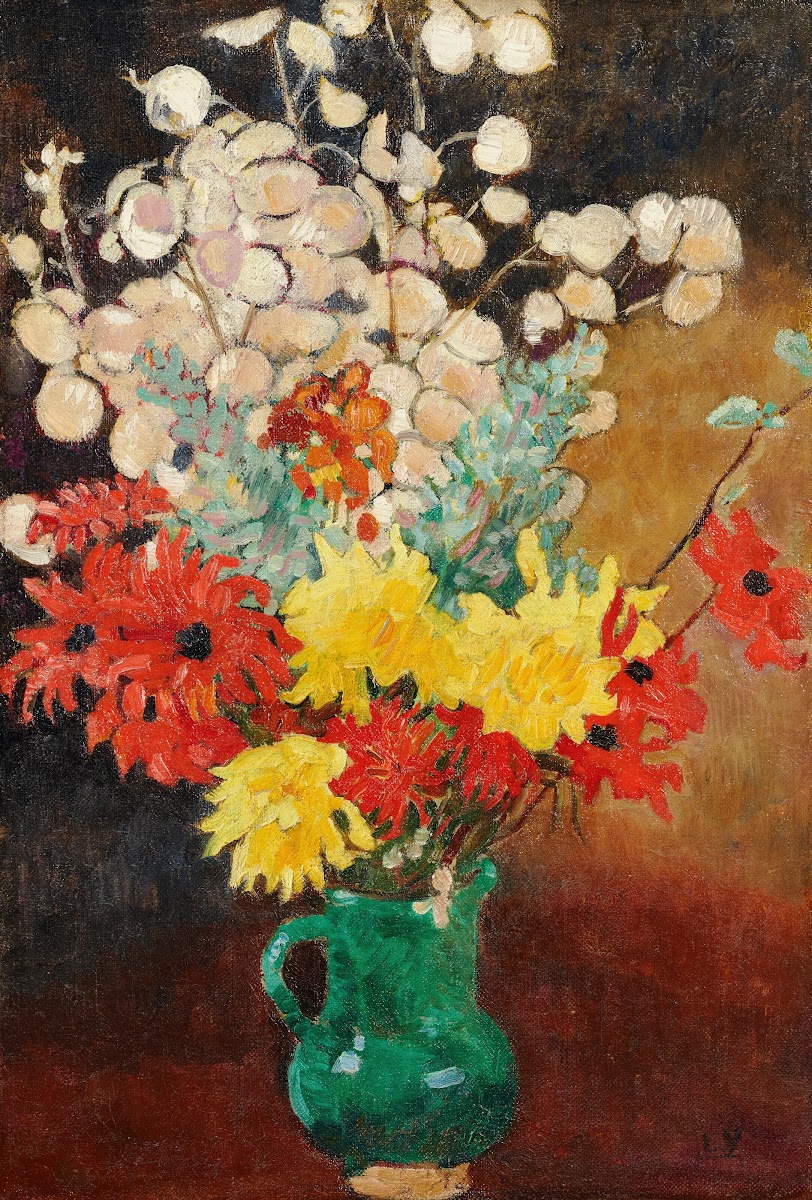 Cruche verte dahlias et fleurs 1929