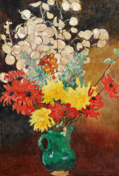 Cruche verte dahlias et fleurs 1929