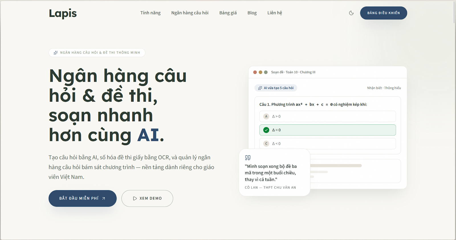 AI Trợ Lý Ra Đề Kiểm Tra & Ngân Hàng Câu Hỏi Theo Chương Trình