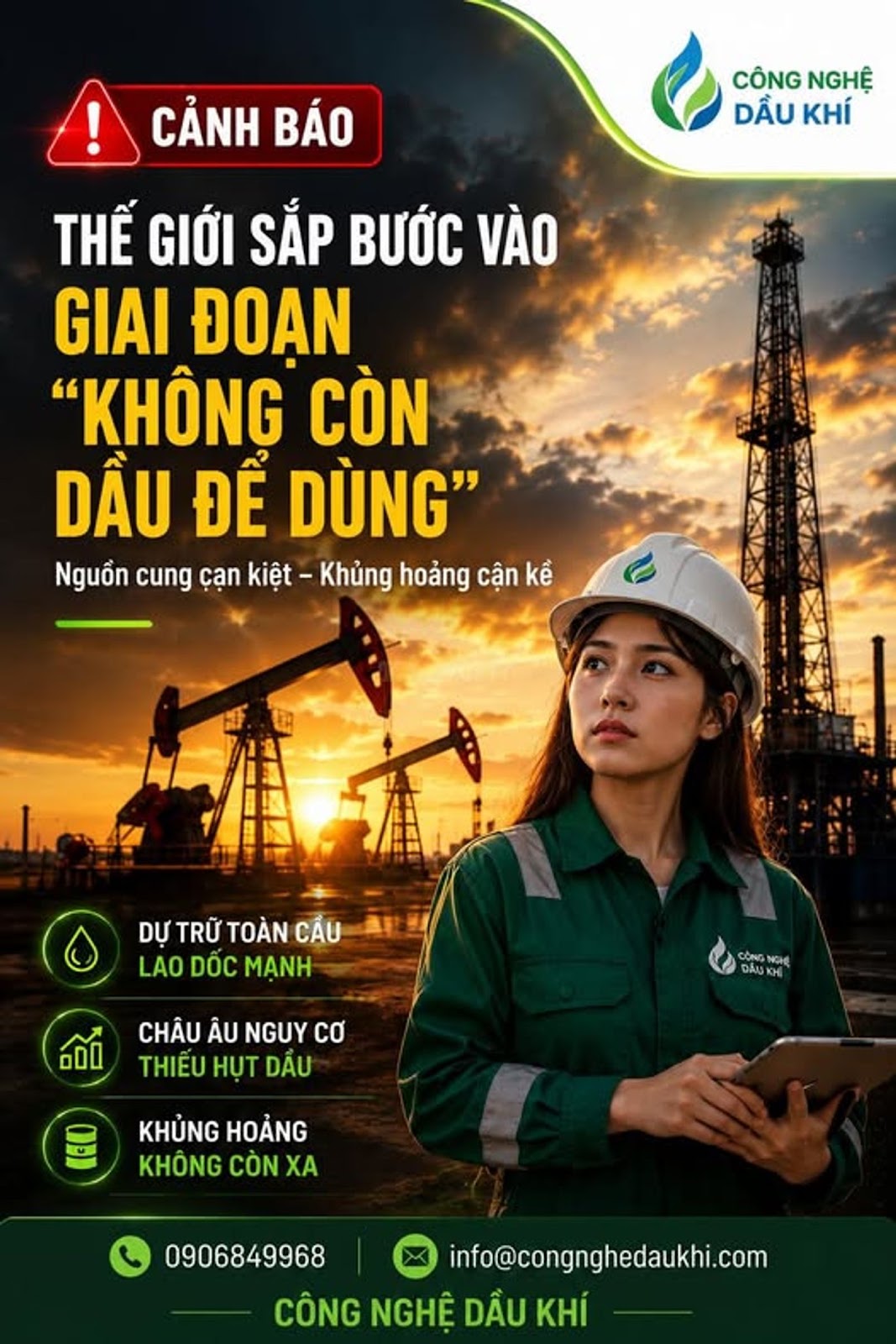 Có thể là hình ảnh về văn bản cho biết 'CÔNG NGHỆ DẦU KHÍ CẢNH BÁO THẾ GIỚI SẮP BƯỚC VÀO GIAI ĐOẠN "KHÔNG CÒN DẦU ĐỂ DÙNG" Nguồn cung çạn kiệt- Khủng hoảng cận kể DỰ TRỮ TOÀN CẦU LAO DOC MẠNH CHÂU ÂU NGUY CƠ THIÊU HỤT DẦU COHC HE DAUKH DAU KHỦNG HOẢNG KHÔNG CÒN XA 0906849968 info@congnghedaukhi.com CÔNG NGHÊ DẦU KHÍ'