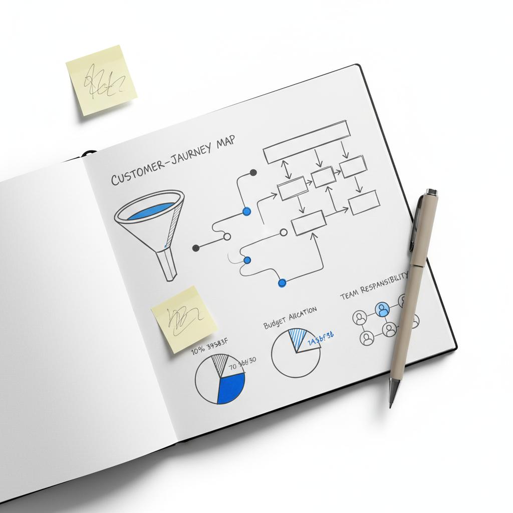 Top-down notebook with sketched funnels, workflow diagrams, a 70/30 pie chart highlighted in #1a5bfb, and small post-it plans in neutral ink &mdash; 70/30 marketing rule.