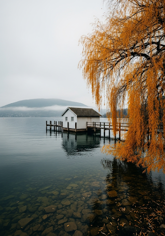 Tranquil Misty Lake Boathouse Scene