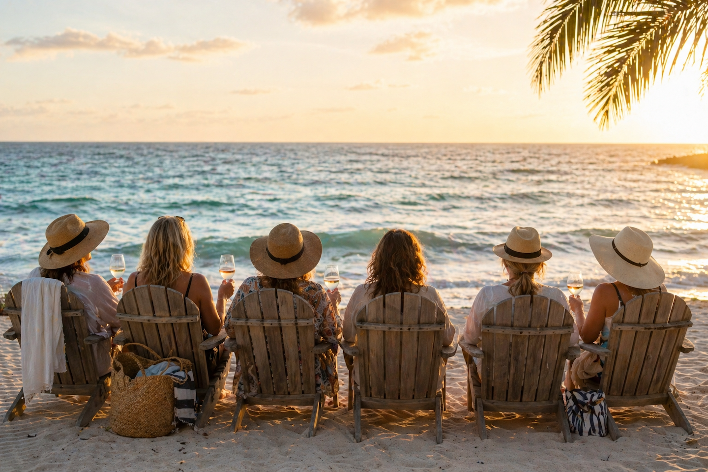 Group of women sitting in beach chairs facing the ocean at sunset holding wine glasses