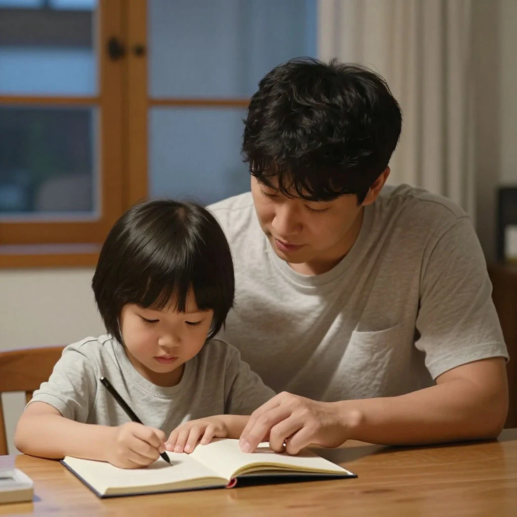 부모가 질문을 던지며 아이의 일기 쓰기를 도와주는 모습