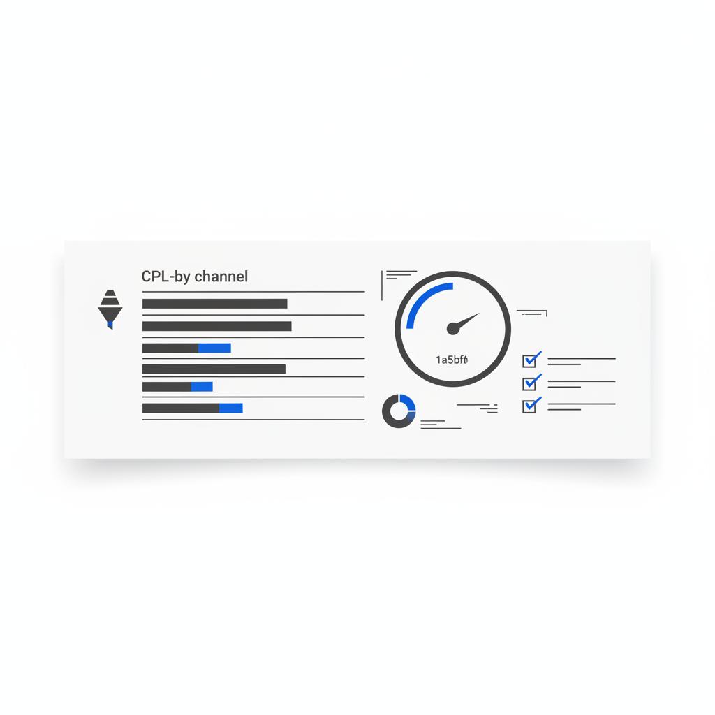 Minimalist 2D vector dashboard mockup showing CPL-by-channel bars, a response-time gauge, and a three-item checklist in Agency Visible colors for best lead generation for realtors