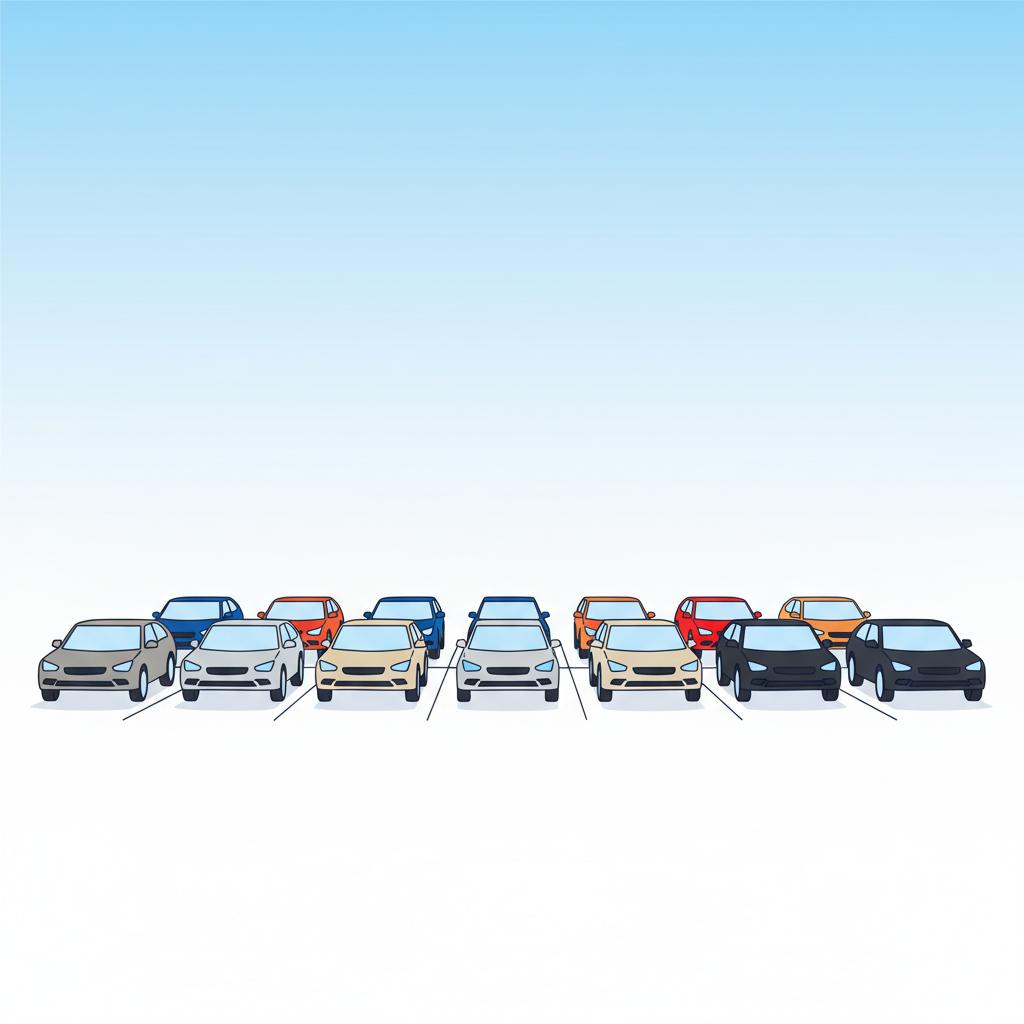 Wide angle 2D vector showing neutral cars in front and bold colored cars in back to illustrate how car color affect trade in value