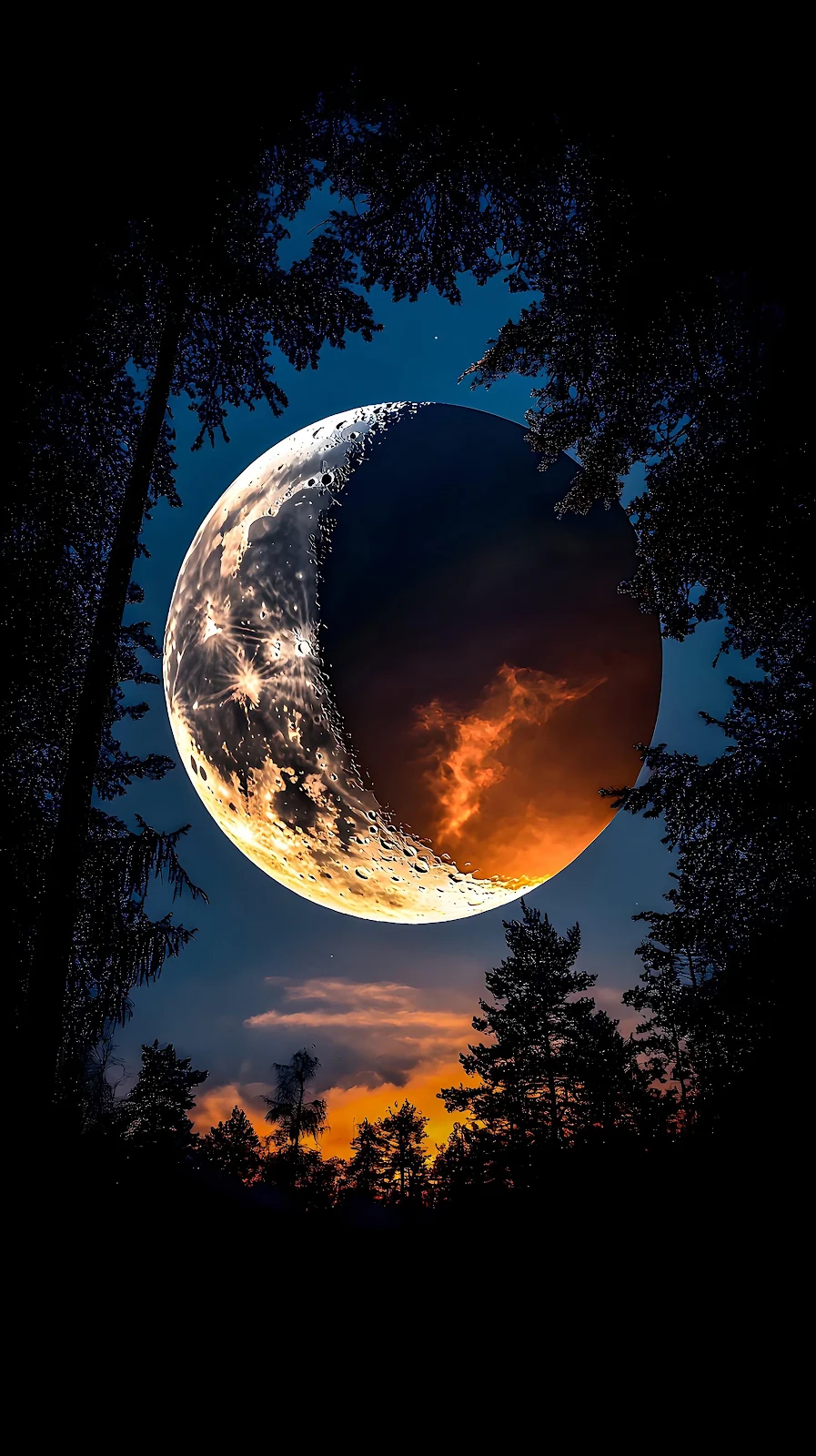 Crescent Moon Over Silhouette Forest - Fantasy Astrophotography 4K iPhone Wallpaper (2296x4096)