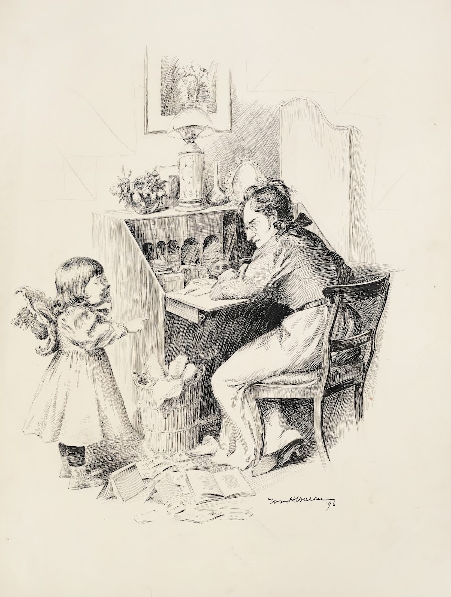 A woman at her desk trying to write looks angrily at a crying young girl next to