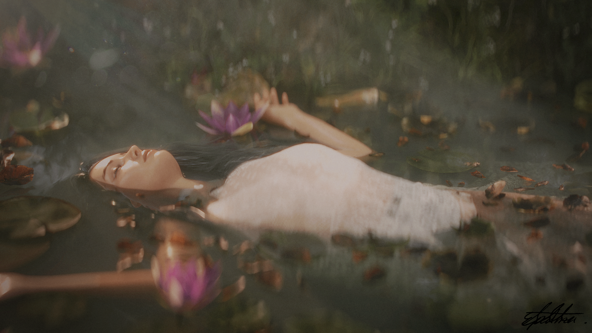 Ophelia final render close-up, water and figure