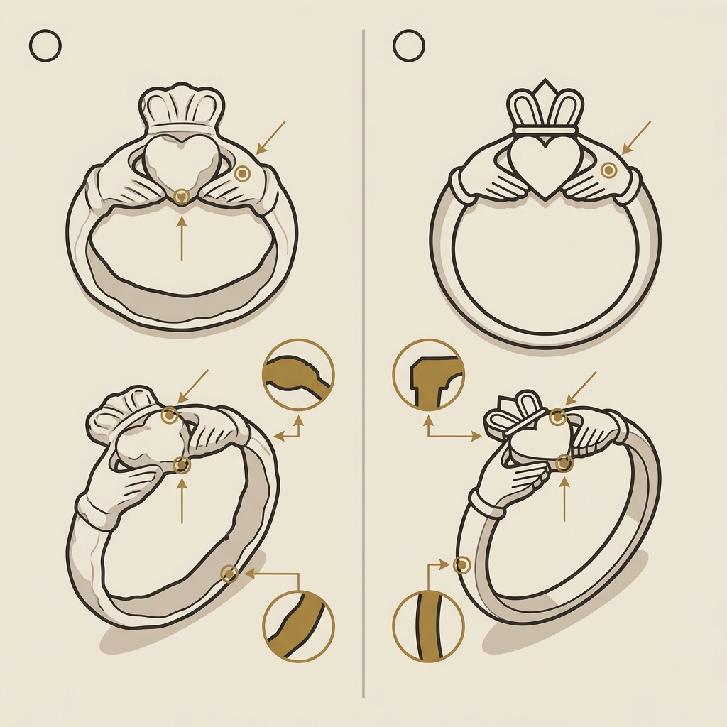 Side by side 2D vector comparison of an ancient claddagh ring and an offered ring showing bezel and band profile differences highlighted with simple graphic arrows and markers