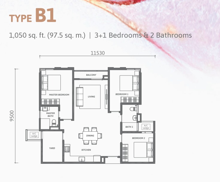 Ren Residence Type B1 floor plan — 1173 sq ft, 3 bedrooms