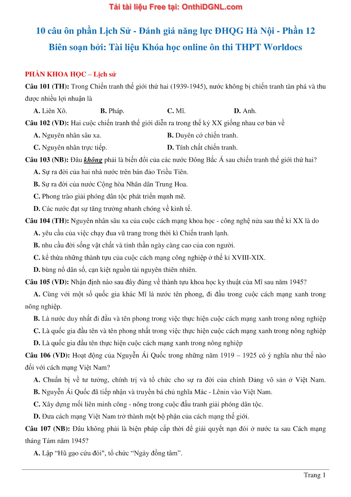 150 bài tập môn Sủ- Ôn thi ĐGNL ĐHQG HN Phần 12