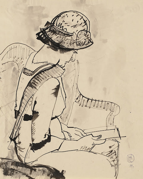 Lesende Frau im Profil nach rechts 1914