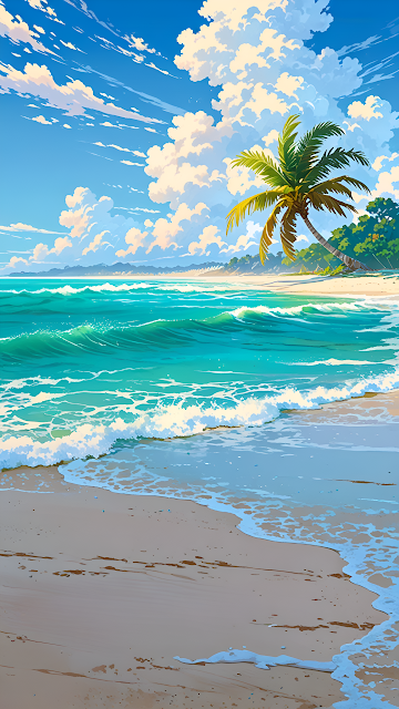 Vibrant Tropical Beach Scene Anime Style Palm Tree - Free mobile Wallpaper