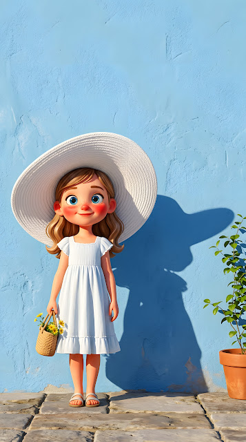 Stylized Digital Illustration of a Girl in a Large White Hat against a Blue Wall - Free mobile Wallpaper