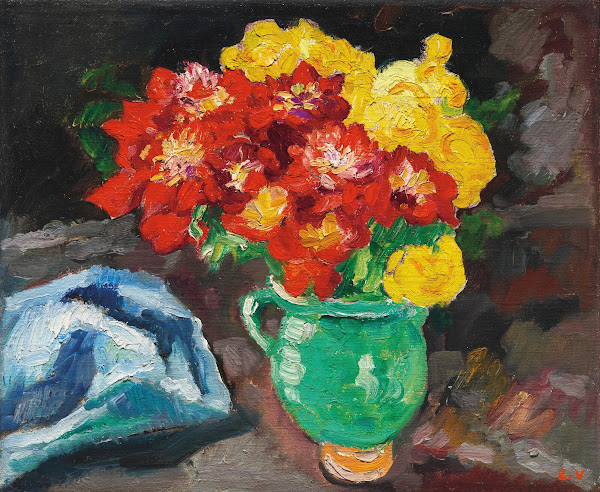 Cruche verte renoncules jaunes et rouges 1911