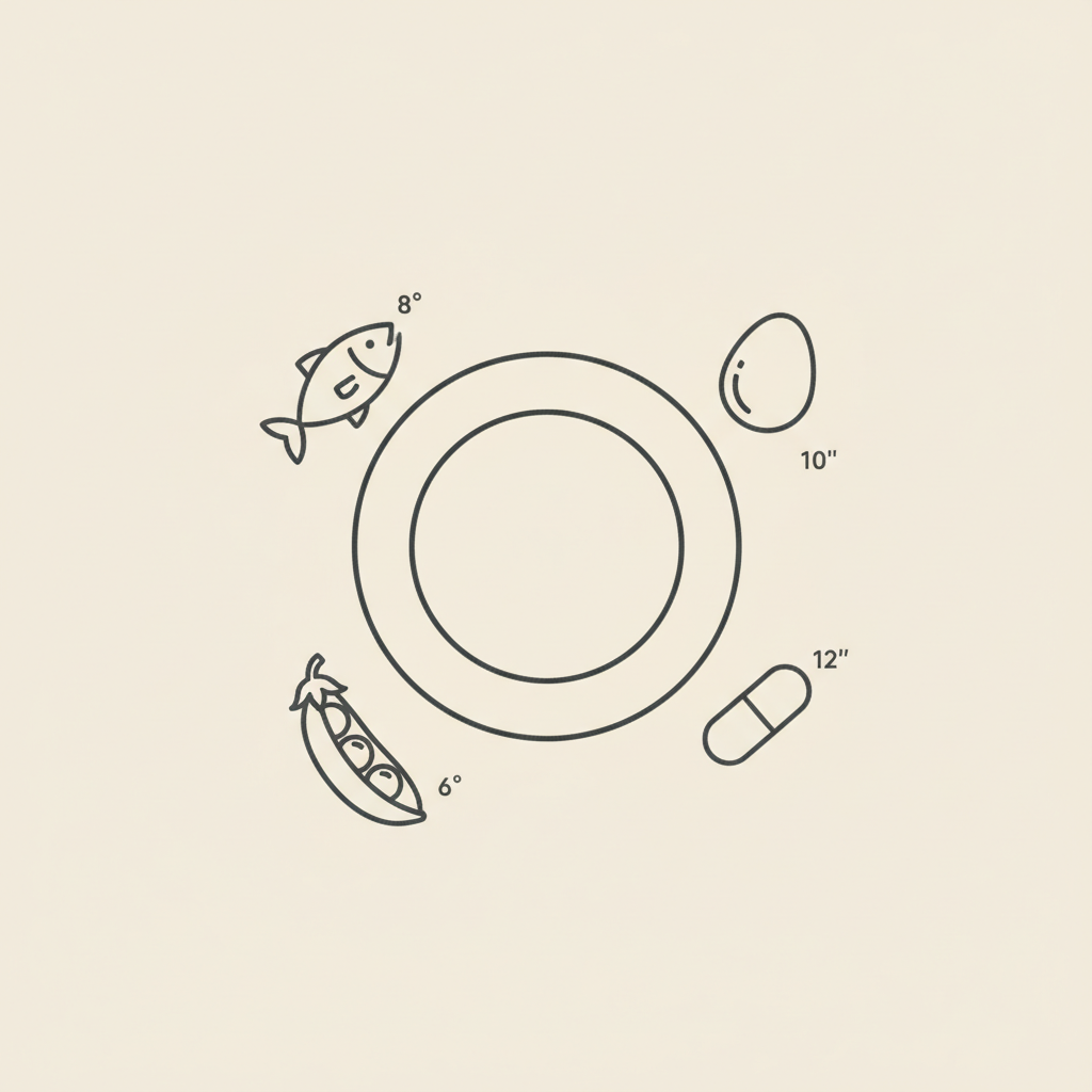 Minimal Tonum-style line illustration of a plate with fish, egg, pea pod and capsule icons on beige background — best protein for losing weight