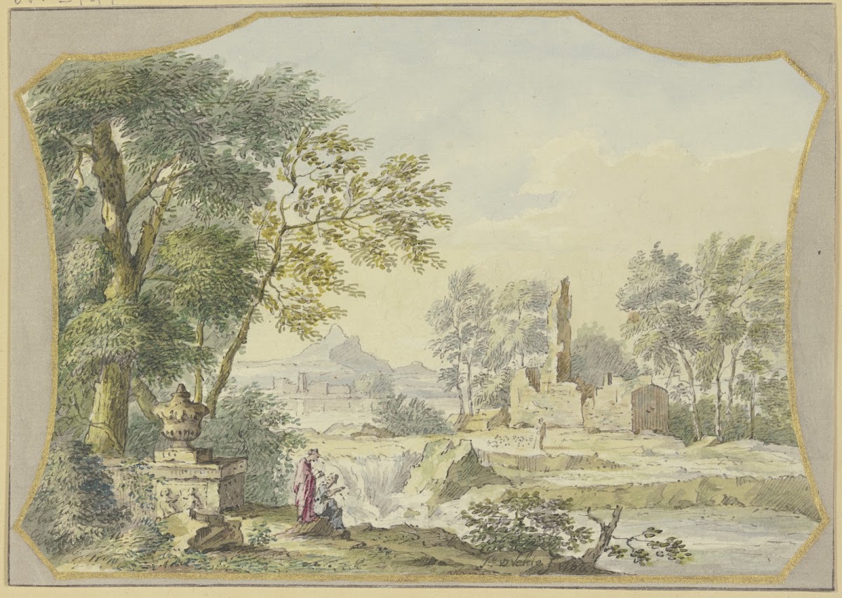 Landschaft mit einer Ruine links bei einer Vase unter Bäumen zwei Figuren 1764