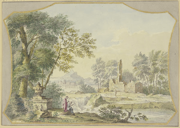 Landschaft mit einer Ruine links bei einer Vase unter Bäumen zwei Figuren 1764