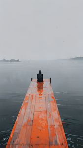 Solitary Figure Orange Pier Misty Gray Lake Minimalist