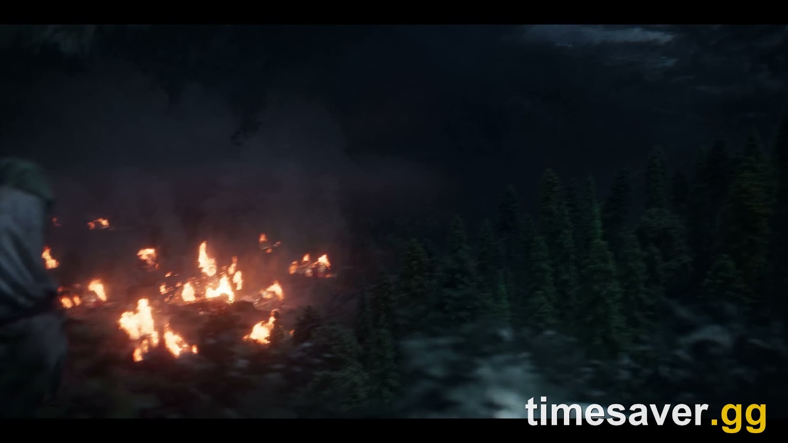 A plague-struck Carpathian village burning at night in the forests of Vale Sangora, from The Blood of Dawnwalker's cinematic trailer