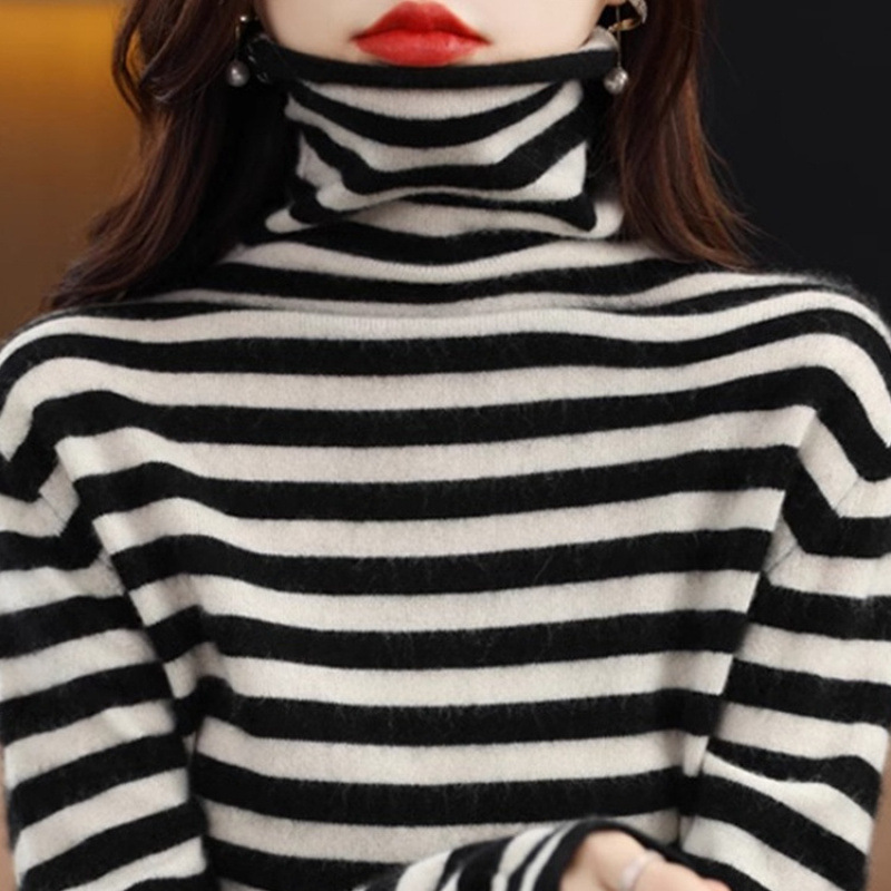 Women's Knit Sweater, Striped, Stand-Up Collar
