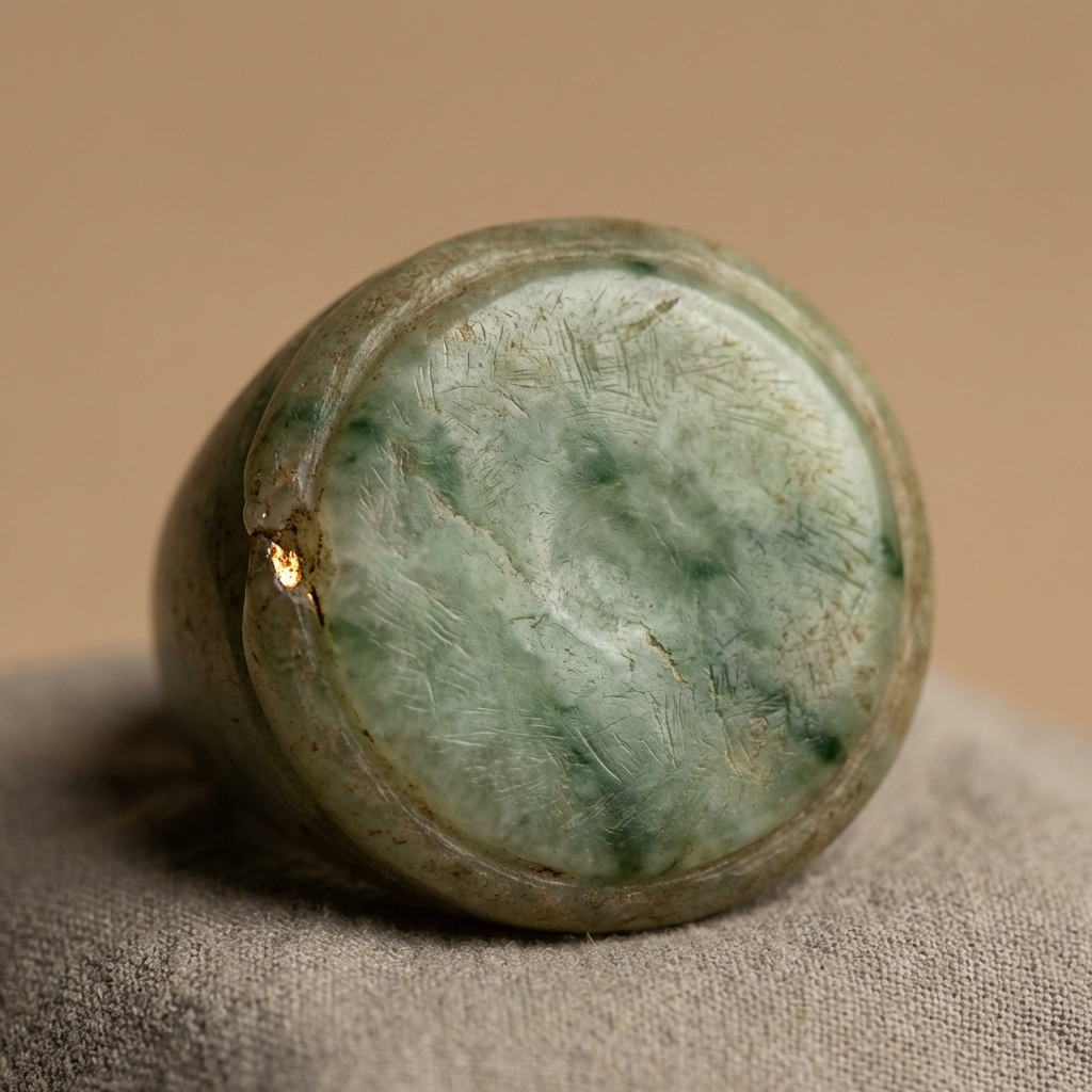 Macro photorealistic view of a carved bezel of an ancient jade ring showing tool marks and surface texture on a warm beige background ede7da