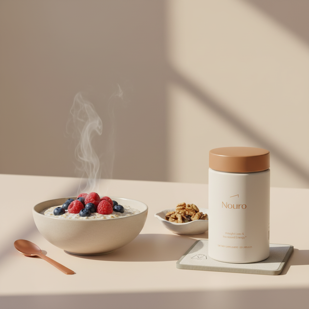 Nouro supplement jar beside oatmeal with berries and a dish of walnuts on a beige Tonum tabletop, minimalist lifestyle scene illustrating how to increase brain power