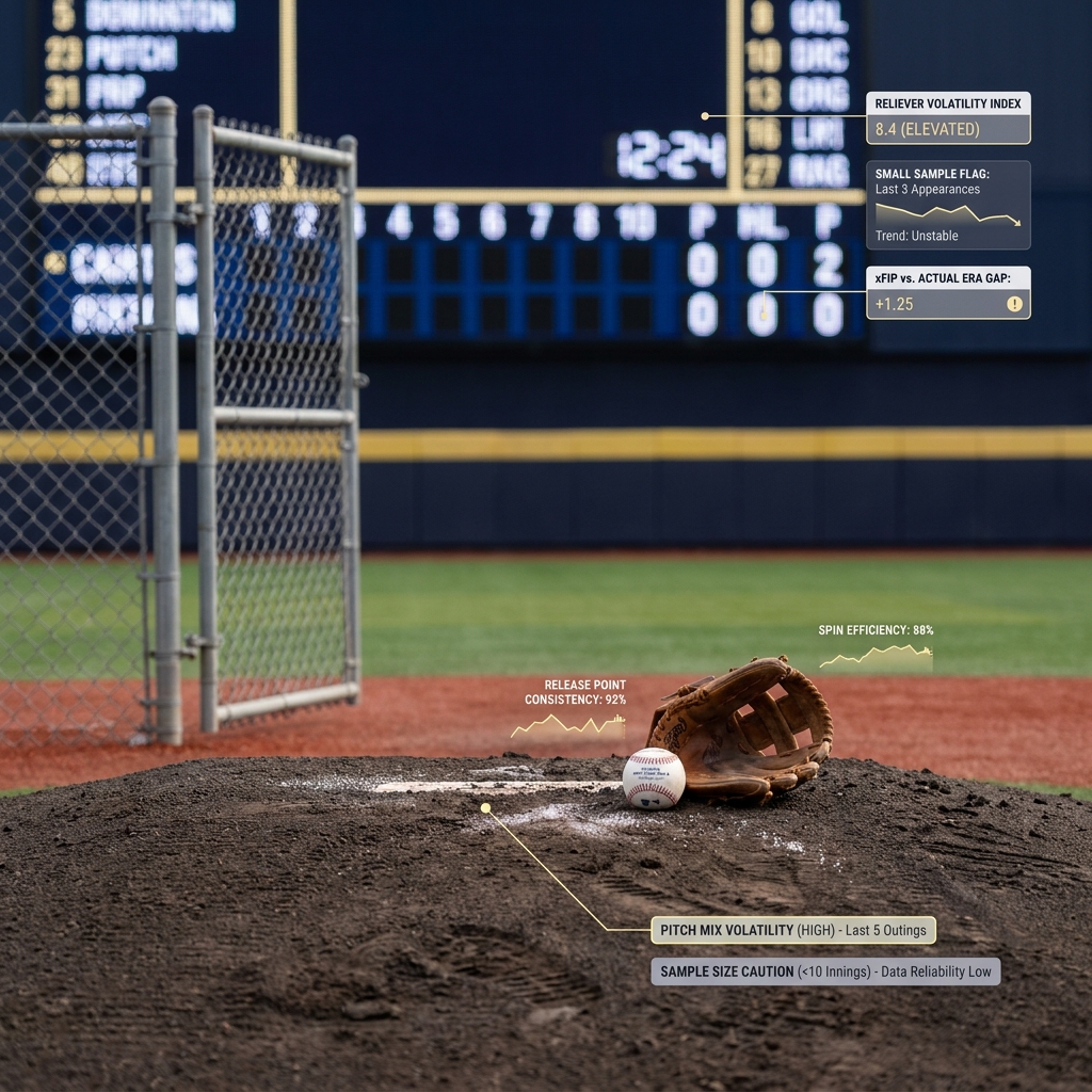 Close up bullpen mound with scoreboard and subtle technical annotations highlighting reliever volatility and sample size cautions Common MLB Trading Mistakes