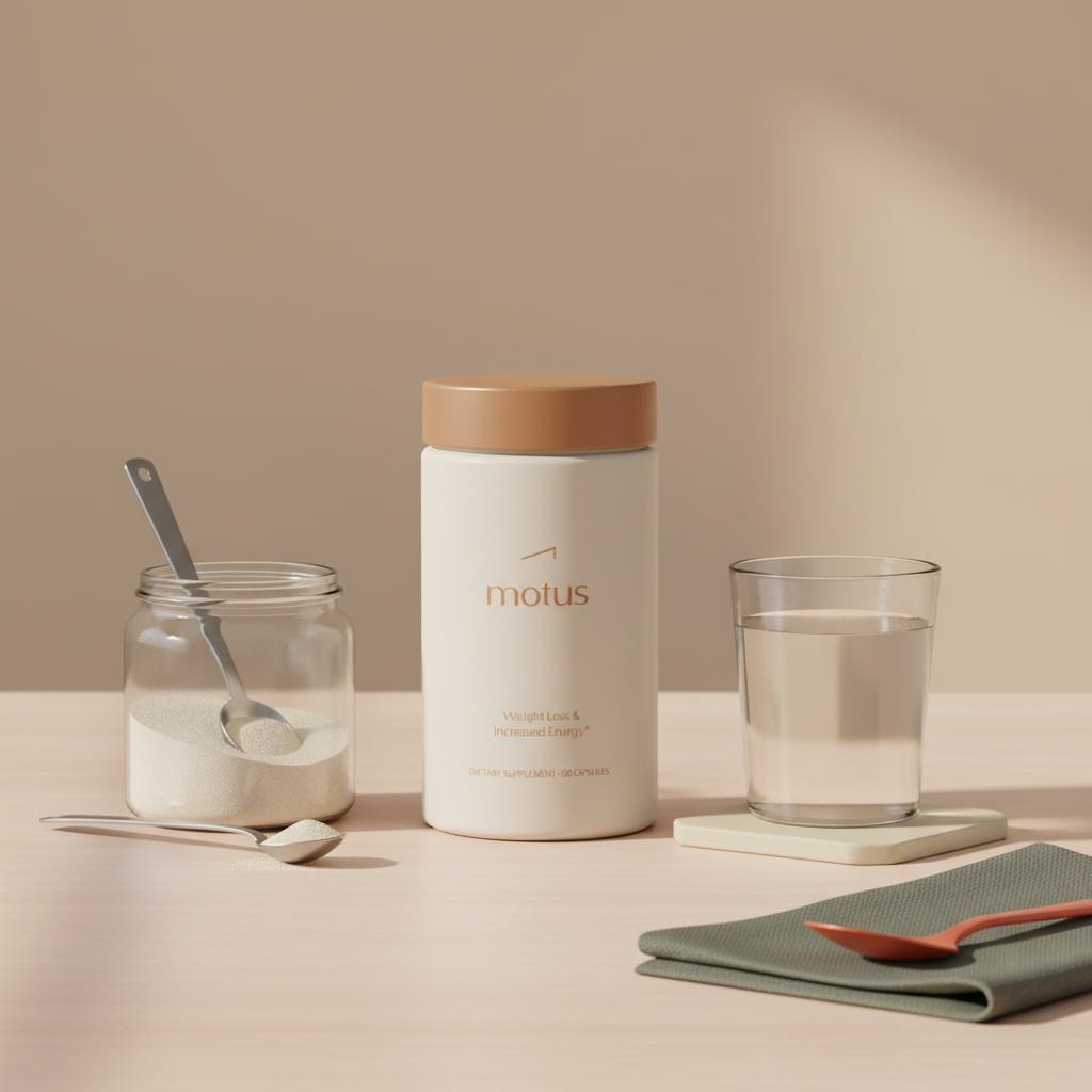 Motus container with open psyllium jar, measuring spoon and 300ml glass of water on a minimalist beige table — does fiber suppress your appetite