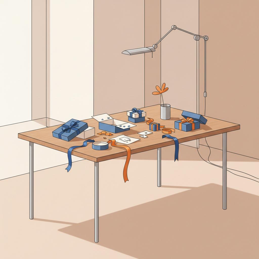 Welche Kleinigkeit kann ich verschenken? Minimalistische 2D-Vektor-Szene: Holztisch mit geöffneten kleinen Geschenken, warme Beleuchtung, dezente Metalldetails.