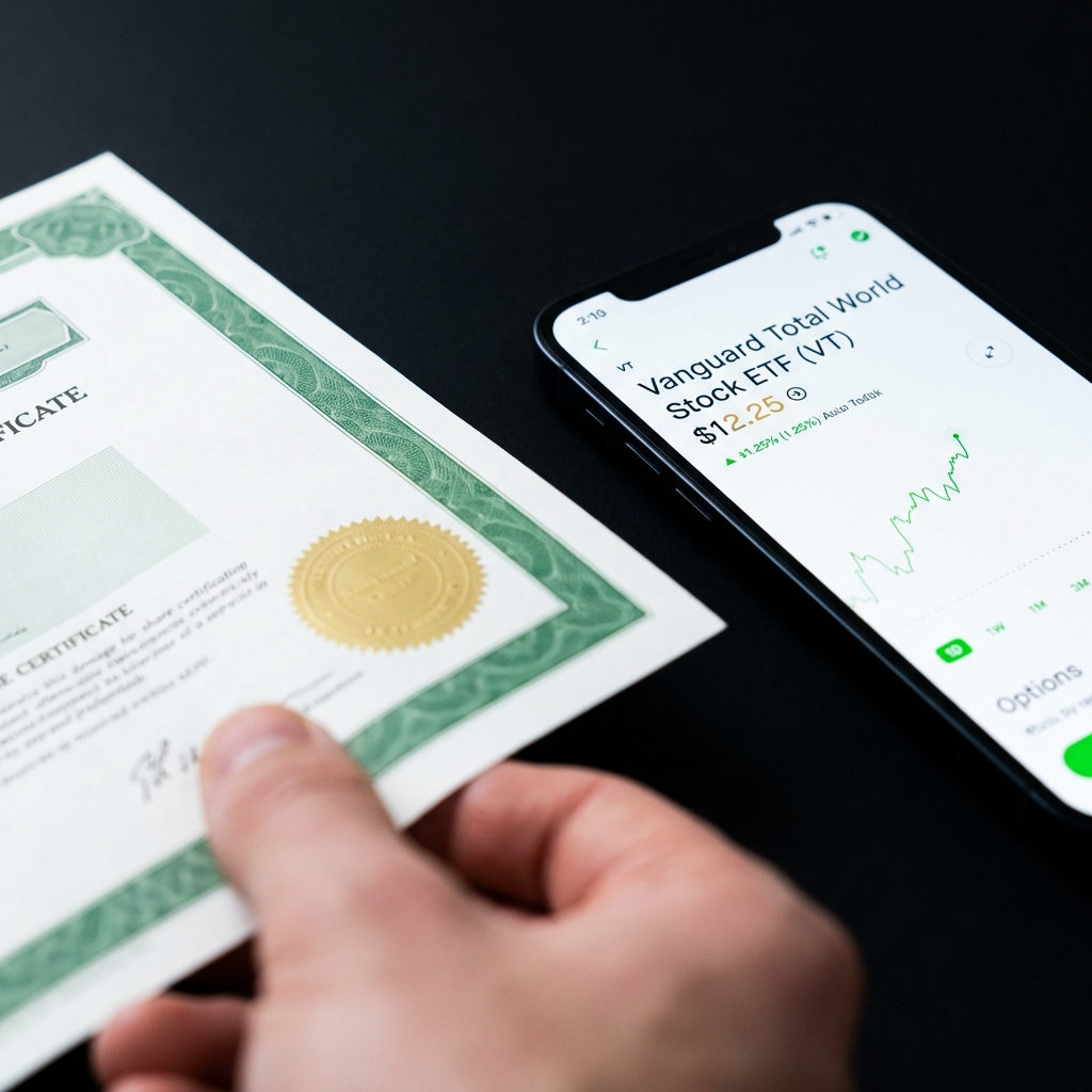 Close up of a hand holding a single share certificate beside a smartphone showing an ETF ticker illustrating how to start stocks in a minimalist Finance Police style