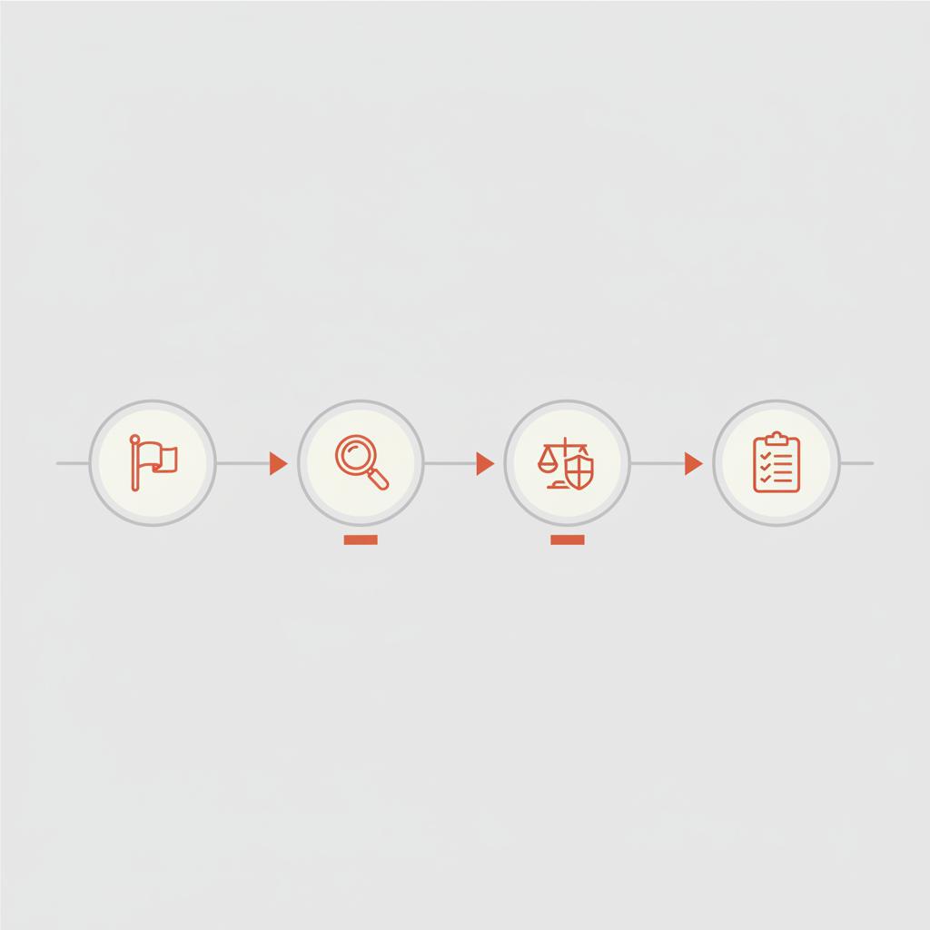 Minimal 2D vector timeline infographic with four icons (Report, Review, Moderation, Outcome) on black background for Yelp review removal.