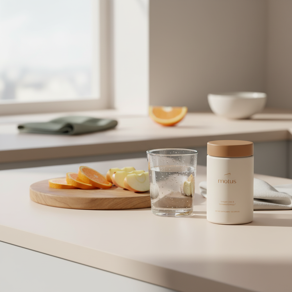 Tonum Motus jar on a tidy kitchen counter beside sliced fruit and a water glass illustrating the difference between dietitian and nutritionist in a clean, minimalist health scene