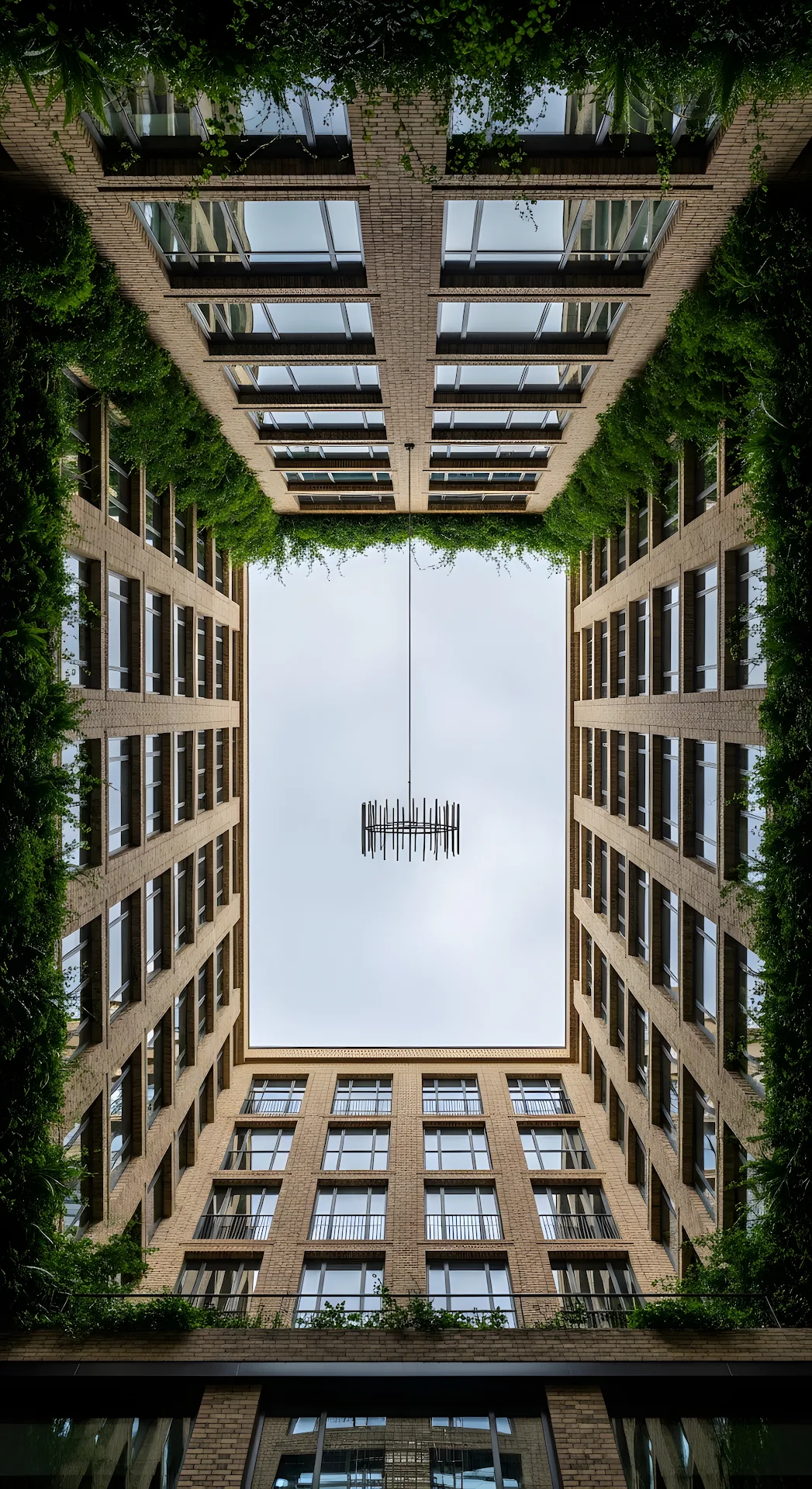 Symmetrical Low-Angle View of Modern Brick Architecture Forming an Urban Canyon with Hanging Foliage - Free 4K mobile Wallpaper