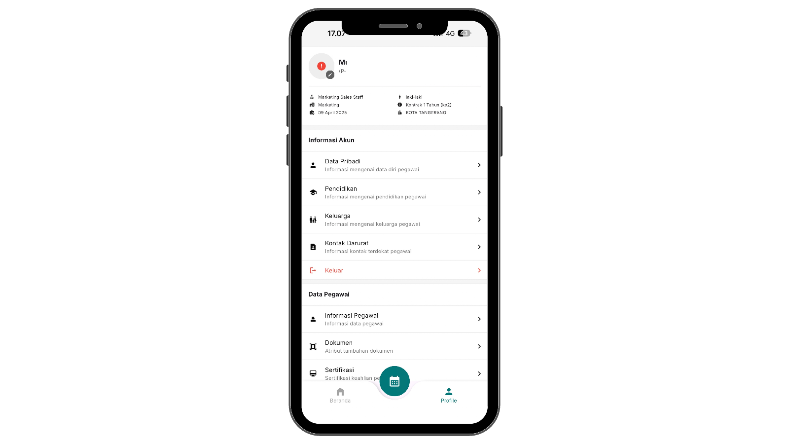 Tampilan fitur Akses Informasi Pegawai pada Employee Self Service NUHA HRIS