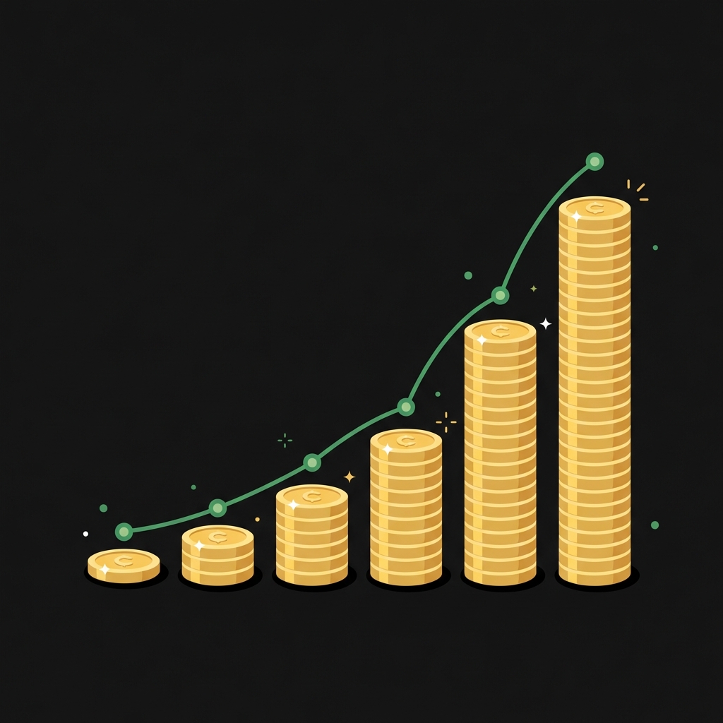 how to invest into stocks for beginners minimal illustration of a single coin compounding into many coins ascending like a simple growth chart on a dark finance police brand background