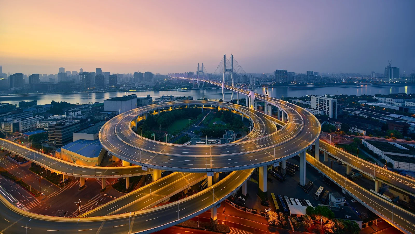 Nanpu Bridge Spiral Interchange - Cityscape Photography 5K Wallpaper (6143x3468)