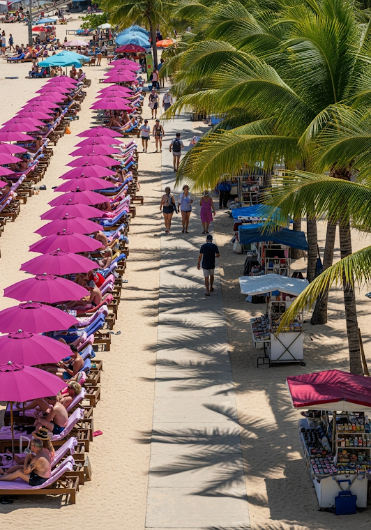 Pink Umbrellas Beach Walkway